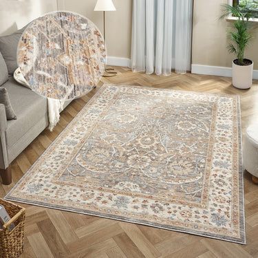 Alia Viana Grey Cream Traditional Floral Bordered Rug