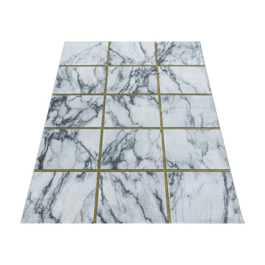 Naxos 3816 Squared Marble Like Design Gold and Silver Rug in White Colour