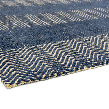 Ives Hand Woven Chenille Flatweave Natural Waves Heringbone Rug in Navy Blue