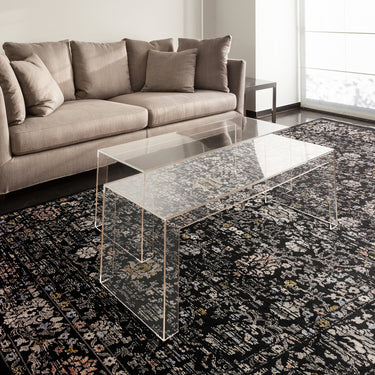 Sovereign Black Floral Traditional Rug Flatweave Silky Shiny Rug