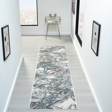 Bianco 185KB Modern Marbled Abstract Grey Cream Blue Rug & Hall Runner - Runner 66x230 cm (2'5"x7'7")