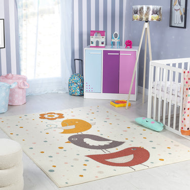 Ankara AKR2357 Kids Playful Cutie Chicks Birds Nursery Bedroom & Playroom Cream Multi Rug for Child Room