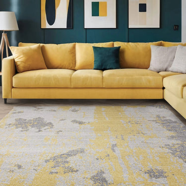 Nova NV18 Painterly Modern Abstract Distressed Rug in Yellow Ochre Grey