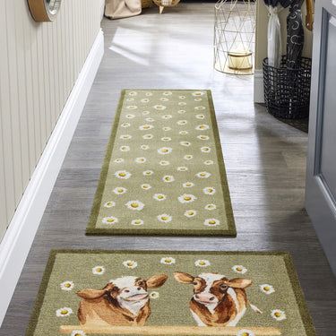 My Nylon Pattern Daisy Cow Green Washable Non-Slip Soft Hallway Runner Rug
