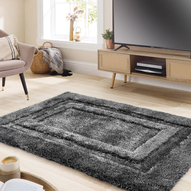 Frame Tufted Silky Thick Charcoal Grey Shaggy Bordered Modern Hallway Runner Rug - Medium 120x170 cm (4'x5'6")