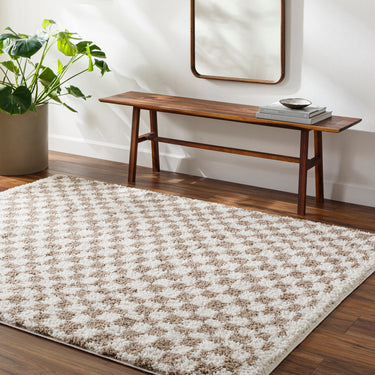 Birmingham Modern Checkboard Soft Plush Pile Shaggy Brown, Ivory & Tan Rug
