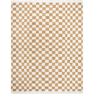 Birmingham Modern Checkboard Soft Plush Pile Shaggy Yellow, Ivory & Tan Rug - Design BMM2323-6 - X-Large 200x275 cm (6'7'' x 9')