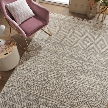 Anya ANR01 Rug Hand Made Wool Geometric Traditional Modern Bohomian Tribal Fringed  Rug in Natural