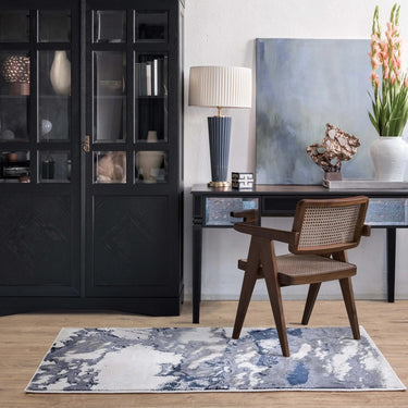 Aurora Storm AU20 Modern Marbled Shiny Blue Silver Rug