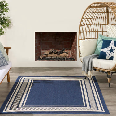 Horizon Bordered HOZ03 Navy Blue By Indoor Outdoor Polypropylene Geometric Textured Rug