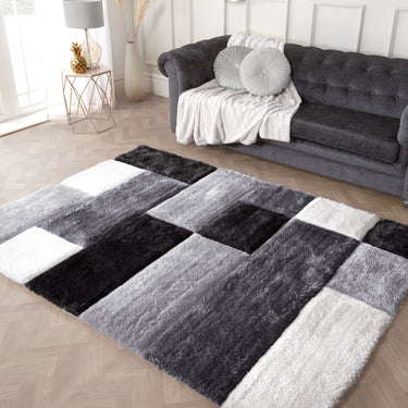 Modern 3D Hand Carved Blocks Soft Silky Shaggy Rug in Grey, Natural, Blush Pink, Yellow Ochre
