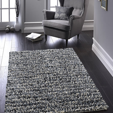 Origins Rocks Shaggy Hand Woven Wool Long Pile Rugs in Grey, Ochre, Blue, Multi - Grey - 80x150cm (2'6"x5'0")