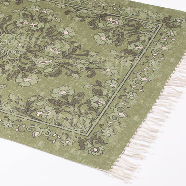 Revival Kew Antique Printed Olive Green Traditonal Tasseled Persian Flatweave Rug