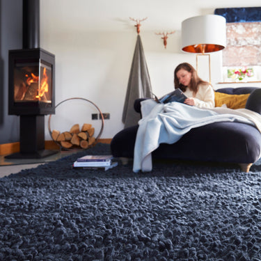 Maine Midnight Blue Tubular Pile Rug Hand-Woven with New Zealand & European Wools