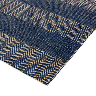 Ives Hand Woven Chenille Flatweave Natural Waves Heringbone Rug in Navy Blue