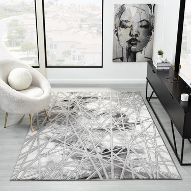 Bianco 185TA Modern Marbled Abstract Dark Grey Silver Rug & Hall Runner - Large 160x225 cm (5'3"x7'6")