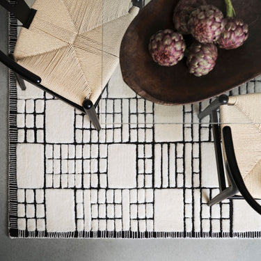 Empire Geometric Grid Hand Tufted Quality New Zeland Wool Rug in Cream/Natural and Black