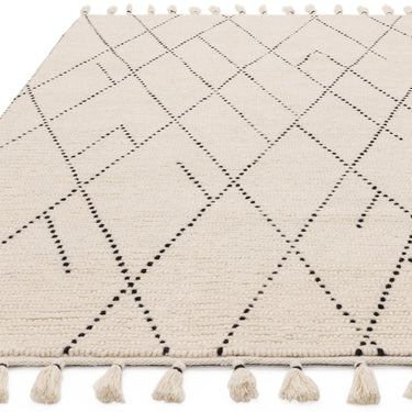 Nepal Cream Black Linear Bohomian Berber Hand Woven Wool Fringed Rug