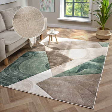 Orbit Runar 3D Beige Green Abstract Geometric Textured Hallway Runner Rug