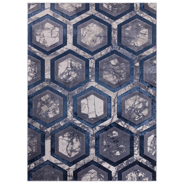 Aurora Hexagon AU19 Geometric Marbled Shiny Blue Grey Rug