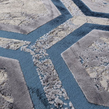 Aurora Hexagon AU19 Geometric Marbled Shiny Blue Grey Rug