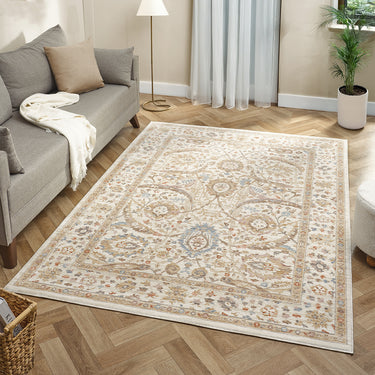 Alia Viana Cream Traditional Floral Bordered Rug