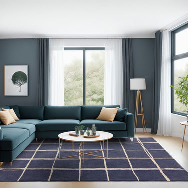 Asiatic London Albany Grid Checkered Lines Blue Wool Traditional Geometric Checked Rug