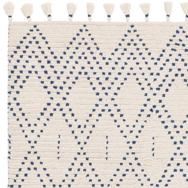 Nepal Cream Blue Diamond Bohomian Berber Hand Woven Wool Fringed Rug