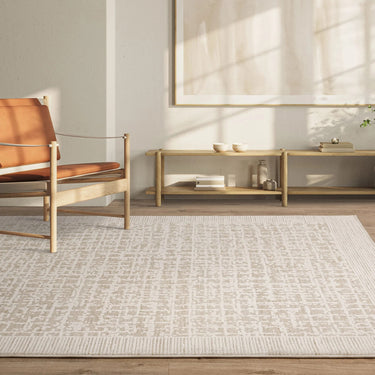 Anders AN10 Charm Grid Bordered Soft Shimmer Beige Natural Traditional Abstract Geometric Rug - Medium 120x160 cm (4'x5'4")