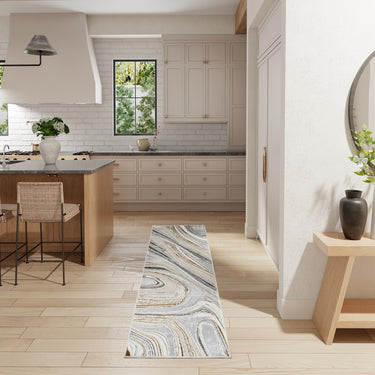 Glitz GLZ21 Marble Silky Shimmer Grey Gold Abstract Modern Soft Hallway Runner Rug - Runner 66x229 cm (2'3"x7'6")