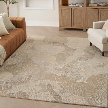 Avra AVR01 Taupe Beige Tufted Botanical Design Handmade Wool Cotton Floral Rug