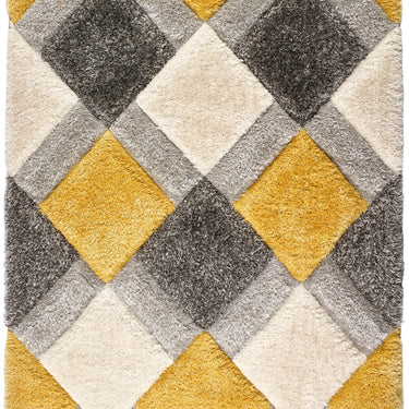 Origins 3D Geo Silky Diamond Ochre Yellow Grey Hand-Carved Shaggy Geometric Rug