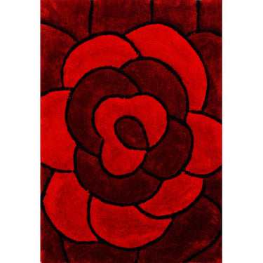 Modern 3D Carved Rose Soft Silky Shaggy Rug in Red, Natural, Charcoal Chocolate