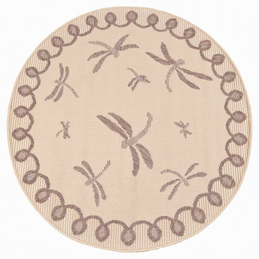 Terrace Dragonfly Outdoor Bordered Rug Round in Natural Taupe