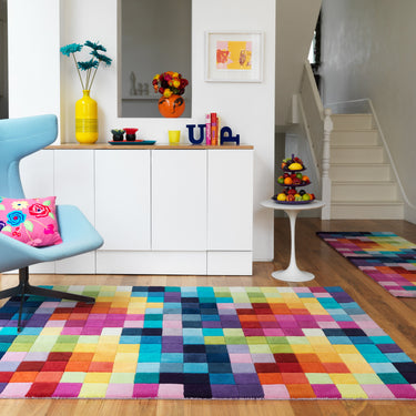 Funk Hand Tufted Wool Bright Multi Coloured Natural Boxes Squares Checked Rug Hall Runner