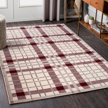 Tartan Check Pattern Rug Hallway Runner in Cream Red, Grey Ochre