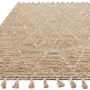 Nepal Sand Cream Linear Bohomian Berber Hand Woven Wool Fringed Rug