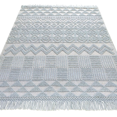 Anya ANR01 Rug Hand Made Wool Geometric Traditional Modern Bohomian Tribal Fringed  Rug in Duck Egg