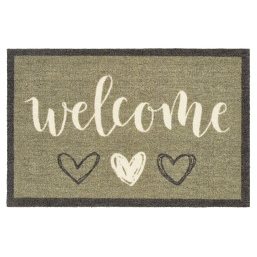 My Nylon Pattern Welcome Hearts Sage Green Washable Non-Slip Bordered Hallway Runner Rug