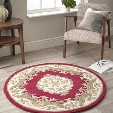 Origins Aubusson Shensi Traditional Wool Round, Hallway, Halfmoon Rug in Wine Red