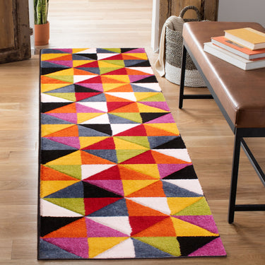 Spectra Carved Destin Geometric Rainbow Bright Multi Coloured Soft Rug Hallway Runner Round