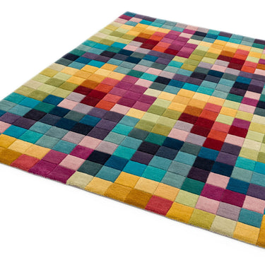 Funk Hand Tufted Wool Bright Multi Coloured Natural Boxes Squares Checked Rug Hall Runner