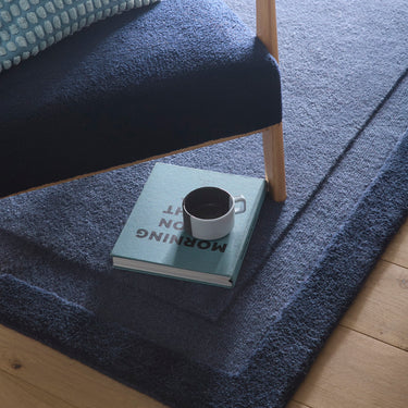 Origins Stacked Border Blue Wool Textured Bordered Rug