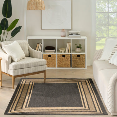 Horizon Bordered HOZ03 Charcoal Grey By Indoor Outdoor Polypropylene Geometric Textured Rug