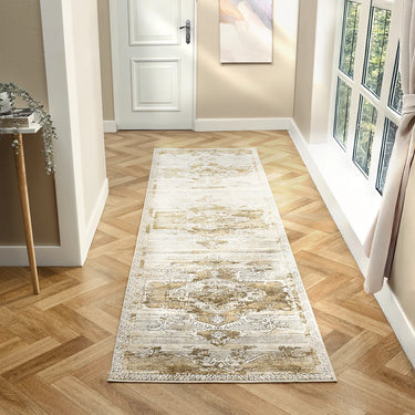 URCO Petra Ajanta Classic Bordered Medallion Natural Polypropylene Traditional Vintage Floral Hallway Runner Rug - Runner 80x300 cm (2'7"x10')