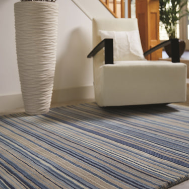 Origins Fine Stripes Hand Loom Woven Wool Rug Halway in Blue Beige