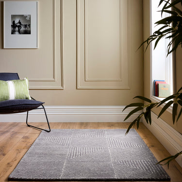 Origins Charcoal Squared Tufted Grey Wool Geometric Textured Striped Rug