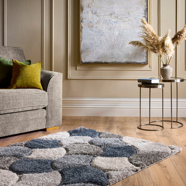 Origins 3D Scallop Silky Navy Blue Jute Shaggy Geometric Rug