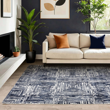 Asiatic London Kuza Portrait New Linear Pattern Navy Blue Polypropylene Abstract Textured Distressed Rug