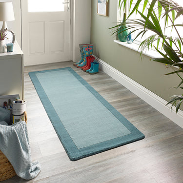 Origins Borders Hand Loom Woven Wool Bordered Rug Hallway in Duck Egg